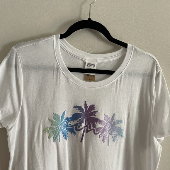 PINK Victorias Secret Women L Optic White Shine Logo Palm Trees Everyday Tee NWT - Picture 4 of 9